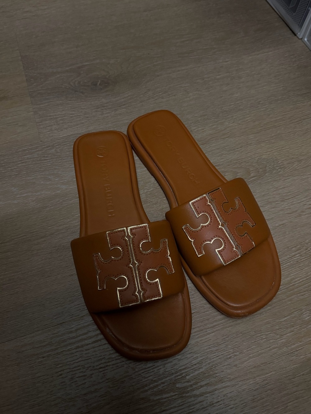 Tory Burch Cognac Leather Logo Slide Sandals